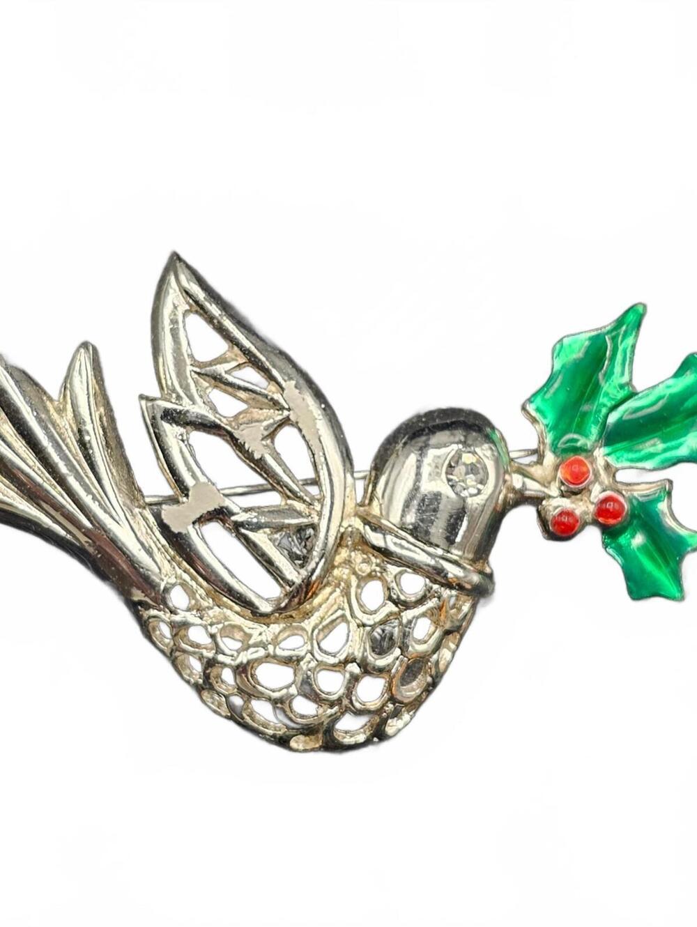 Silver Tone Christmas Bird Brooch